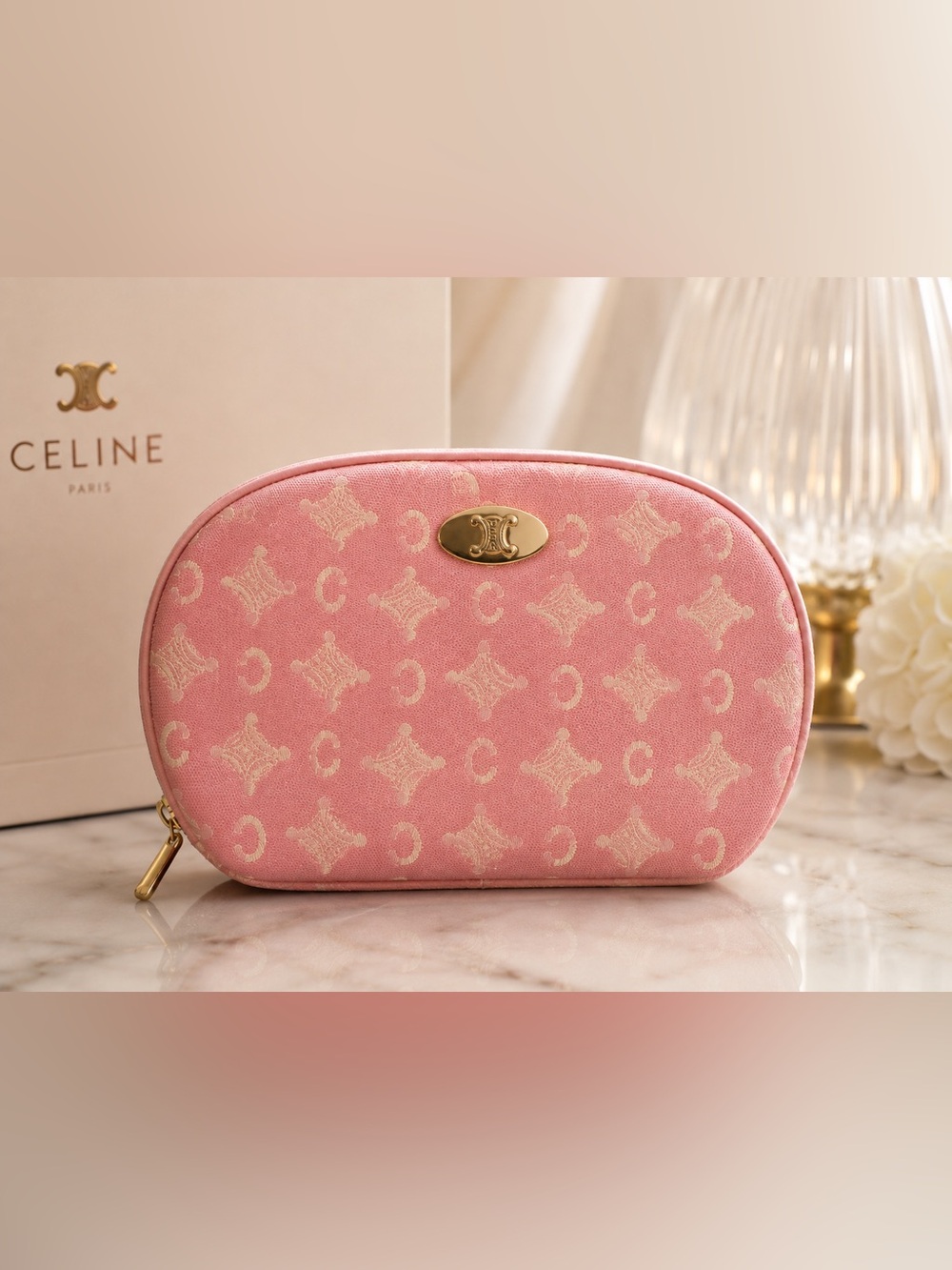Celine Pink Canvas Monogram Pouch with Gold Hardware-COA included